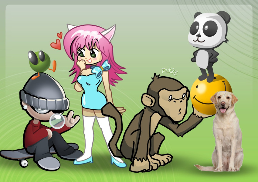 1boy 1girl :d :o \m/ animal_ears artist_name ball beanie black_pants blue_dress blue_footwear blush_stickers bow bubble_blowing cat_ears cat_girl dress dress_bow full_body green_background green_eyes grey_footwear grey_headwear grin hand_on_own_cheek hand_on_own_face hands_on_own_hips hat heart high_heels holding holding_ball long_hair long_sleeves looking_at_another microsoft monkey panda pants photo_inset pink_hair plasticity red_shirt shirt signature simple_background sitting skateboard smile smiley_face standing thighhighs white_thighhighs xbox_360_cat_girl