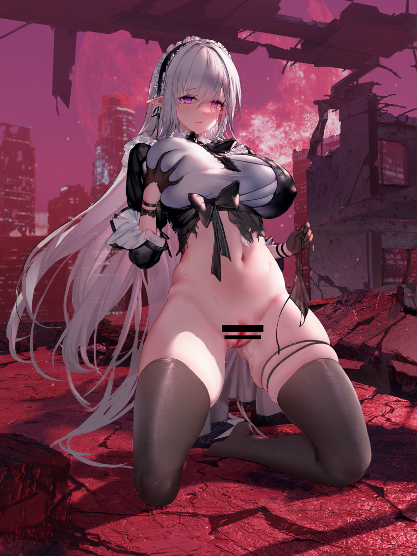 1girl black_bow black_dress black_gloves black_hairband black_thighhighs bottomless bow breasts building censored city closed_mouth closers covering covering_crotch deep_skin dress frilled_hairband frills full_moon gloves grabbing_own_breast hair_between_eyes hairband half_gloves highres huge_breasts huge_moon kneeling large_breasts long_hair looking_at_viewer moon no_pupils no_shoes outdoors panties panties_removed pointy_ears post-apocalypse purple_eyes pussy red_moon ruins shirt skindentation sleeves_past_elbows solo swd3e2 tearing_up thigh_strap thighhighs torn_clothes torn_dress underwear very_long_hair white_hair white_shirt