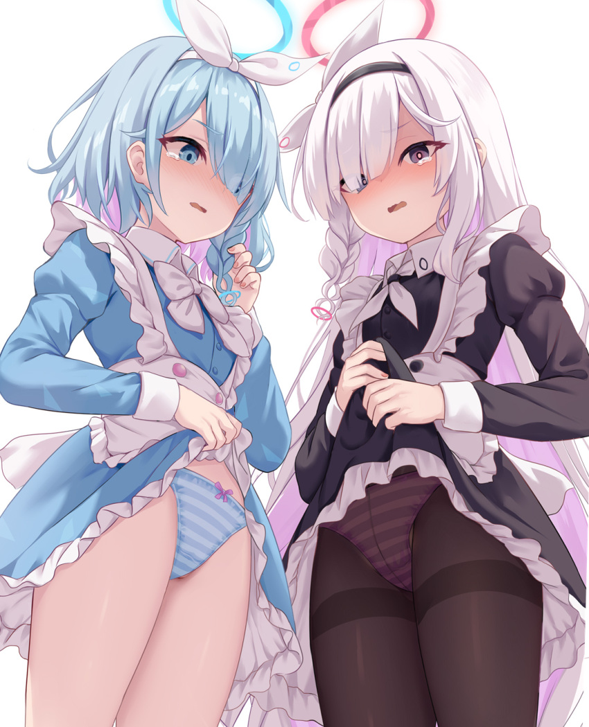 2girls arona_(blue_archive) black_dress black_hairband blue_archive blue_dress blue_eyes blue_hair blush bow_hairband braid breasts brown_pantyhose clothes_lift colored_inner_hair dress dress_lift grey_eyes hair_over_one_eye hairband halo highres light_blue_hair long_hair long_sleeves looking_at_viewer looking_to_the_side multicolored_hair multiple_girls open_mouth panties panties_under_pantyhose pantyhose pink_hair plana_(blue_archive) red_pupils shimokirin short_hair side_braid small_breasts striped striped_panties tearing_up thighband_pantyhose underwear very_long_hair white_hair white_hairband