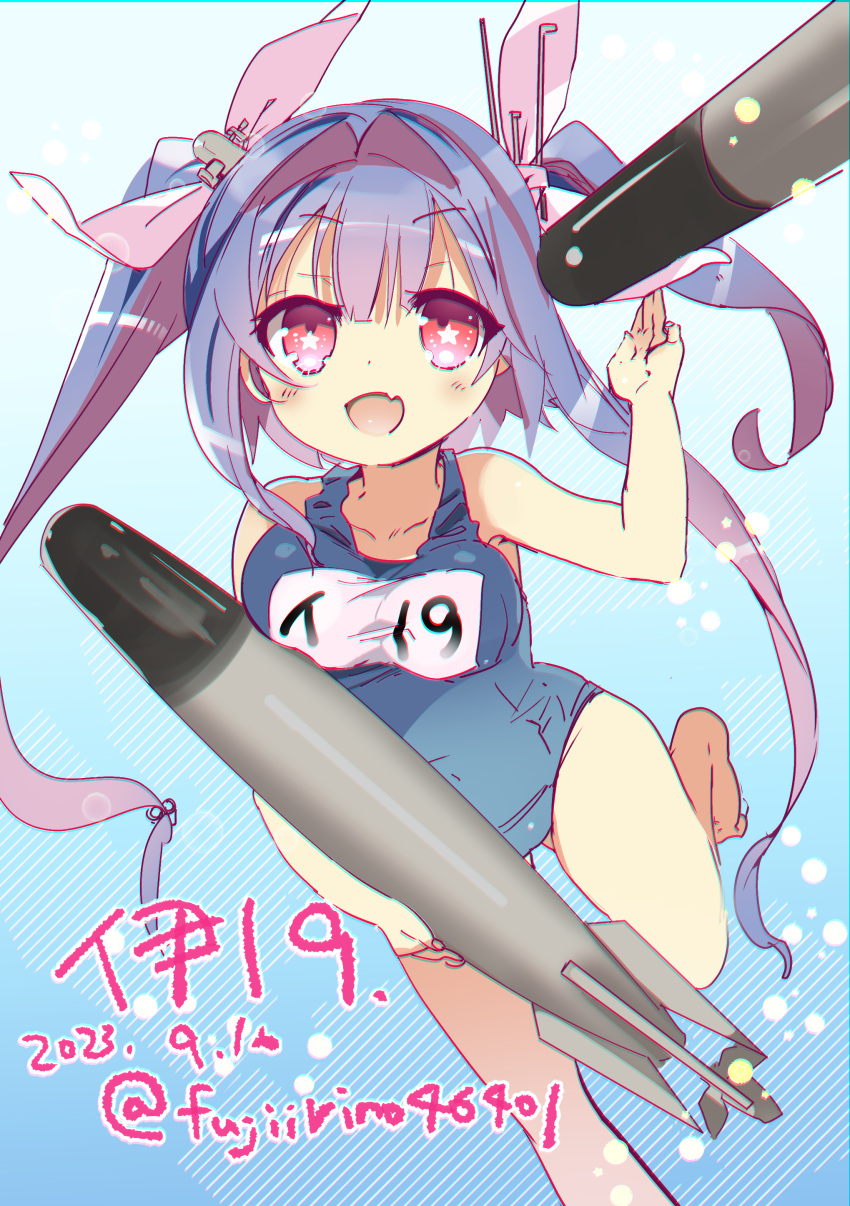 1girl absurdres barefoot blue_hair blue_one-piece_swimsuit blush breasts character_name dated fang fujii_rino gradient_hair hair_ribbon highres i-19_(kancolle) kantai_collection leg_up long_hair looking_at_viewer medium_breasts multicolored_hair name_tag one-piece_swimsuit open_mouth pink_eyes purple_hair red_eyes ribbon school_swimsuit skin_fang solo star-shaped_pupils star_(symbol) swimsuit symbol-shaped_pupils torpedo tri_tails twitter_username white_ribbon