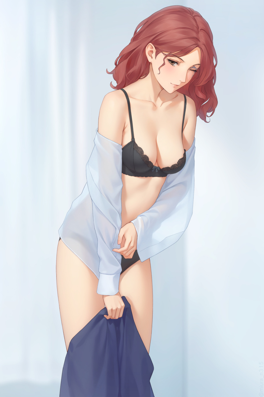 1girl ;) bare_shoulders black_bra black_panties blue_skirt blush bra breasts brown_eyes cleavage closed_mouth collarbone elden_ring highres long_hair long_sleeves looking_at_viewer medium_breasts melina_(elden_ring) miura-n315 off_shoulder one_eye_closed open_clothes open_shirt panties red_hair shirt skirt smile solo underwear undressing white_shirt