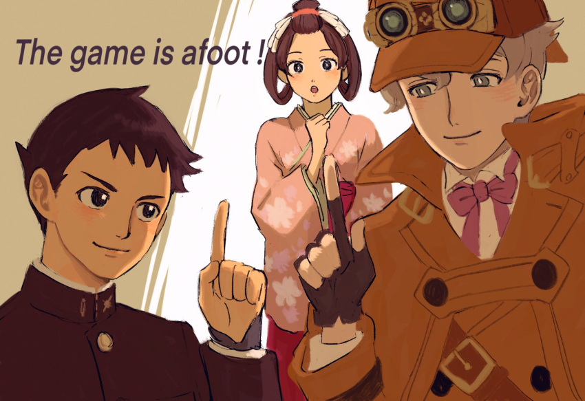 1girl 2boys :o ace_attorney bangs_pinned_back black_eyes black_hair black_jacket blonde_hair blue_eyes brown_coat brown_eyes brown_gloves brown_hair brown_headwear closed_mouth coat collared_jacket deerstalker detective english_text eyewear_on_headwear fingerless_gloves gakuran gloves hair_ribbon hair_rings hakama hat herlock_sholmes index_finger_raised jacket japanese_clothes kimono long_skirt long_sleeves looking_at_another meiji_schoolgirl_uniform multiple_boys neck_ribbon open_mouth pink_kimono pink_ribbon red_hakama red_skirt renshu_usodayo ribbon ryunosuke_naruhodo school_uniform short_hair skirt smile susato_mikotoba the_great_ace_attorney updo upper_body wide_sleeves