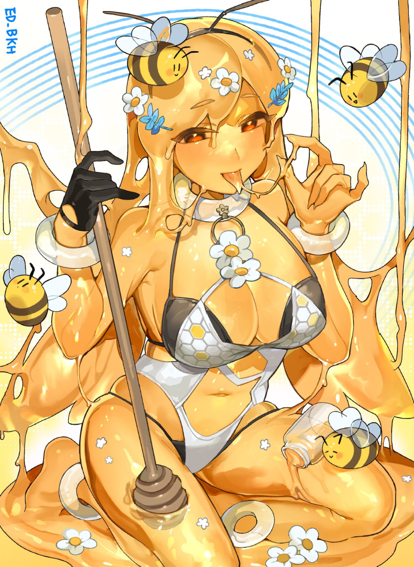 1girl bee beehive bikini bug colored_skin flower gloves hair_flower hair_ornament half_gloves highres honey jar looking_at_viewer monster_girl original red_eyes sakoku_(oyatsu3ji_) see-through_body slime_(substance) slime_girl swimsuit translucent_skin white_flower