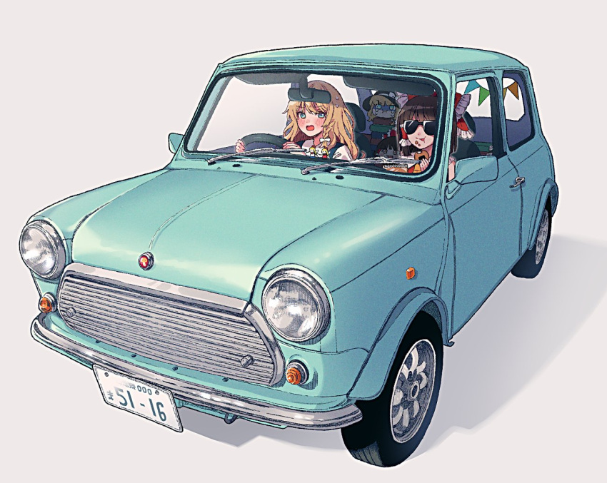 4girls ascot blonde_hair blue_car blush book bow braid brown_hair car crumbs crying driving eating frilled_hair_tubes frills hair_bow hair_tubes hakurei_reimu hat hourai_doll kirisame_marisa license_plate medium_hair motor_vehicle multiple_girls multiple_hair_bows open_mouth pout shanghai_doll short_hair single_braid sunglasses sweatdrop touhou touya_(konpekitou) witch_hat yellow_ascot yukkuri_shiteitte_ne