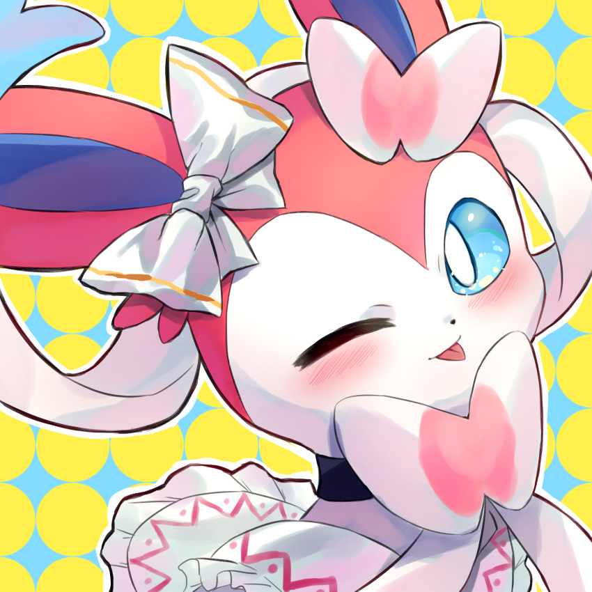 blue_eyes bow close-up closed_mouth clothed_pokemon commentary_request highres katsukare looking_at_viewer no_humans one_eye_closed pokemon pokemon_(creature) solo sparkle_background sylveon tongue tongue_out white_bow