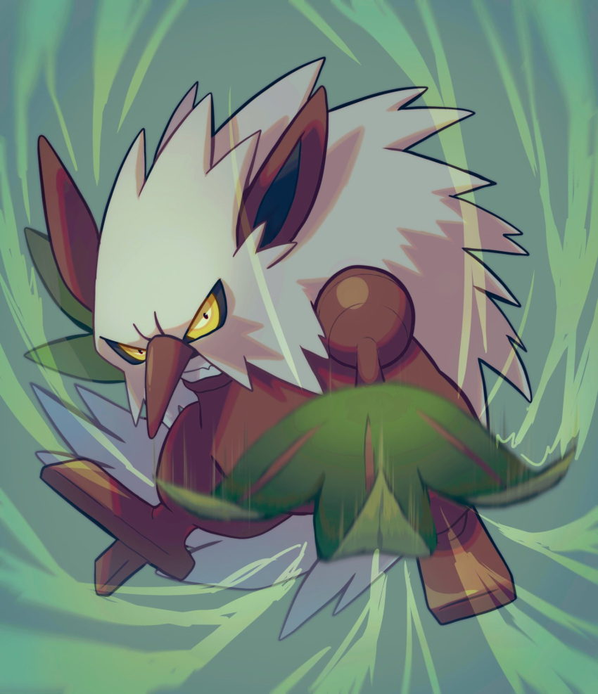 commentary_request full_body green_background highres legs_apart motion_blur no_humans pokemon pokemon_(creature) s_(happycolor_329) shiftry solo swiping white_fur yellow_eyes