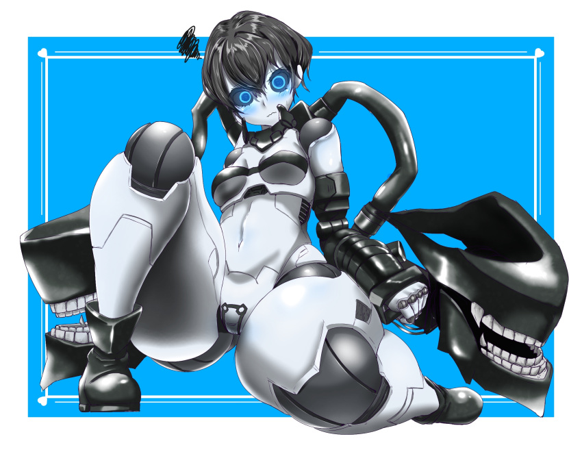 1girl abyssal_ship android belly black_hair black_sclera blush cable colored_sclera colored_skin crotch_plate embarrassed highres joints kantai_collection mechanical_parts mechanization natsuberry ri-class_heavy_cruiser robot_joints seams short_hair teeth ventilation_shaft white_skin