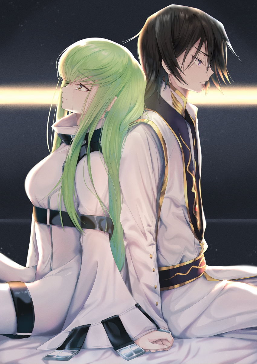 1boy 1girl 2023 absurdres back-to-back backlighting belt black_background black_belt black_hair breasts budgiepon c.c. closed_mouth code_geass commentary_request couple cowboy_shot crying crying_with_eyes_open dated_commentary dress eyelashes from_side frown furrowed_brow green_hair hair_between_eyes hetero highres holding_hands lelouch_vi_britannia lips long_hair long_sleeves looking_afar looking_up medium_breasts pants profile purple_eyes sad_smile short_hair sidelocks simple_background sitting straight_hair streaming_tears tears v-shaped_eyebrows very_long_hair white_dress white_pants wide_sleeves yellow_eyes