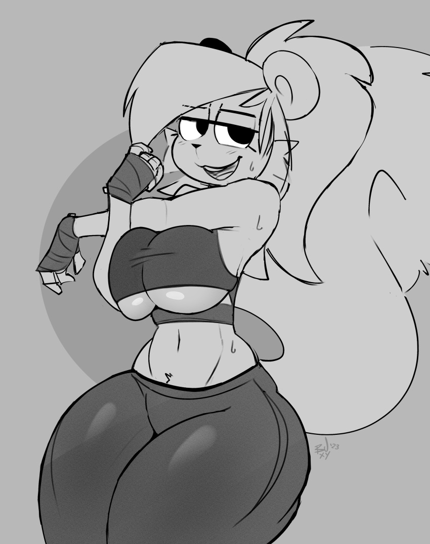 2023 4_fingers absurd_res american_red_squirrel anthro big_breasts blush bodily_fluids bottomwear breasts buxy clothed clothing curvy_figure digital_drawing_(artwork) digital_media_(artwork) female fingers fluffy fluffy_tail front_view fur greyscale hair hi_res izzy_(buxy) mammal midriff monochrome navel open_mouth pine_squirrel rodent sciurid simple_background smile solo sweat tail teeth thick_thighs topwear tree_squirrel