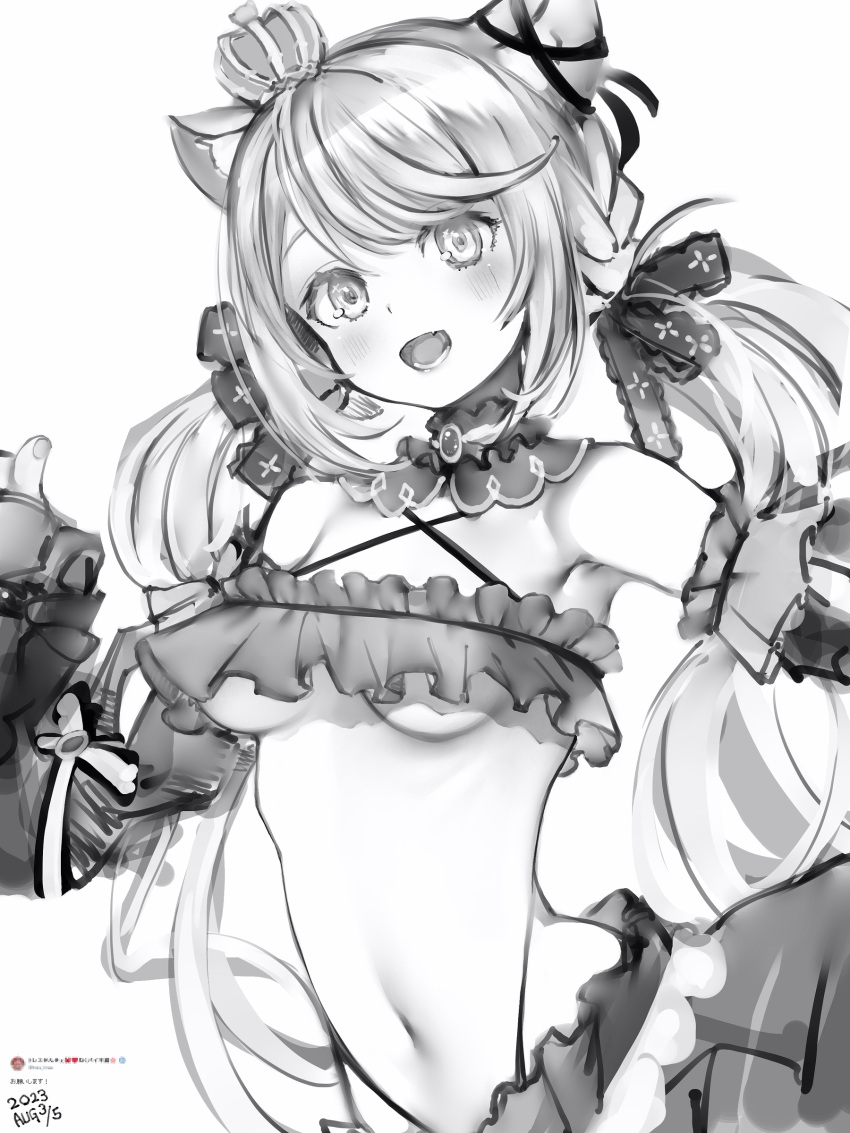 1girl absurdres animal_ears blush bow breasts cat_ears criss-cross_halter crown dated detached_collar detached_sleeves ear_ribbon frilled_bandeau frills hair_bow halterneck highres ina_uruu long_hair looking_at_viewer low_twintails medium_bangs medium_breasts midriff mini_crown nanashi_(nlo) nanashi_inc. navel open_mouth simple_background smile solo twintails underboob upper_body virtual_youtuber