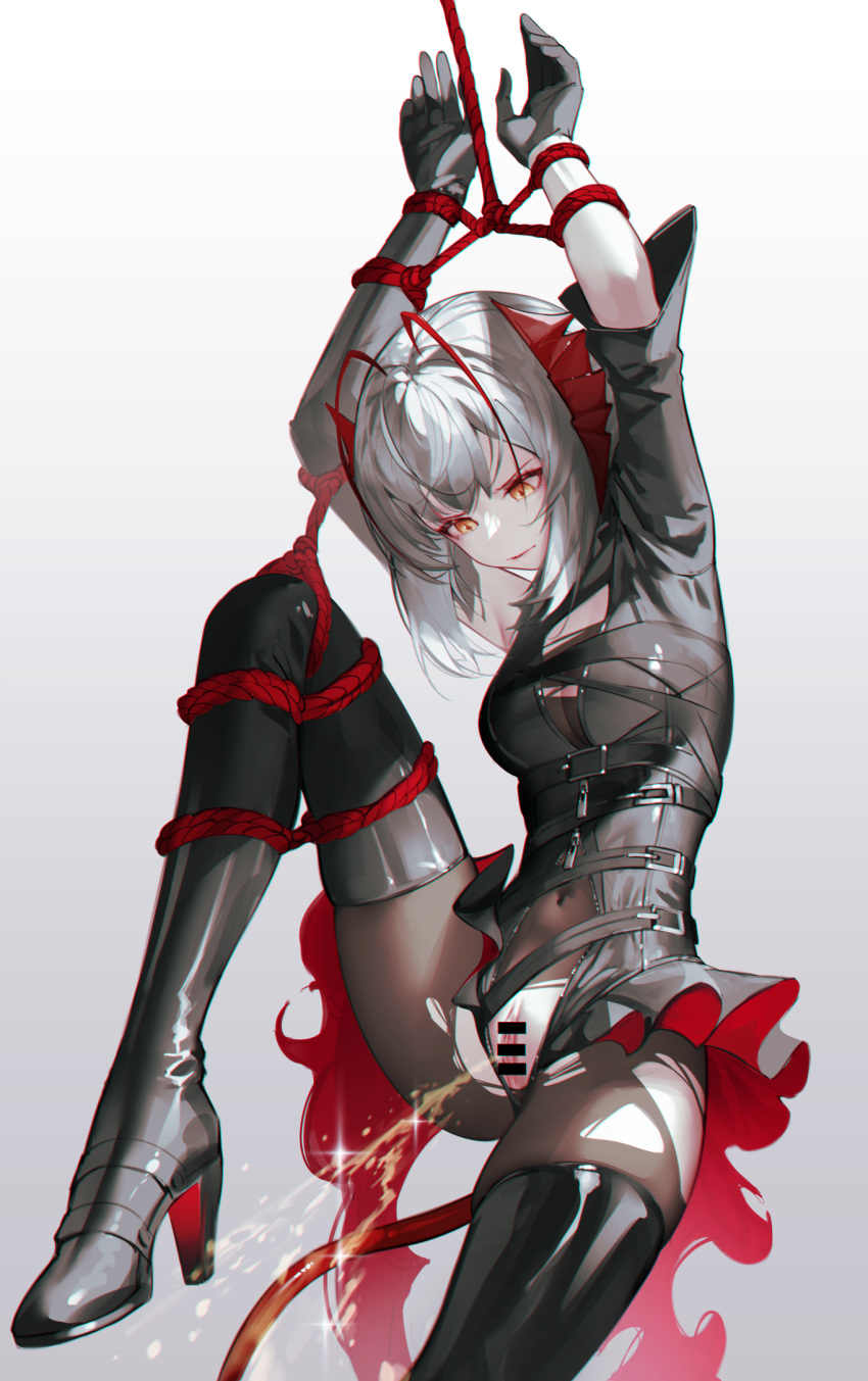 1girl arknights bar_censor black_gloves black_jacket boots bound bound_arms bound_wrists breasts censored demon_horns gloves grey_hair highres horns iumu jacket looking_at_viewer medium_breasts pantyhose peeing pussy red_eyes restrained short_hair solo tail thigh_boots w_(arknights)