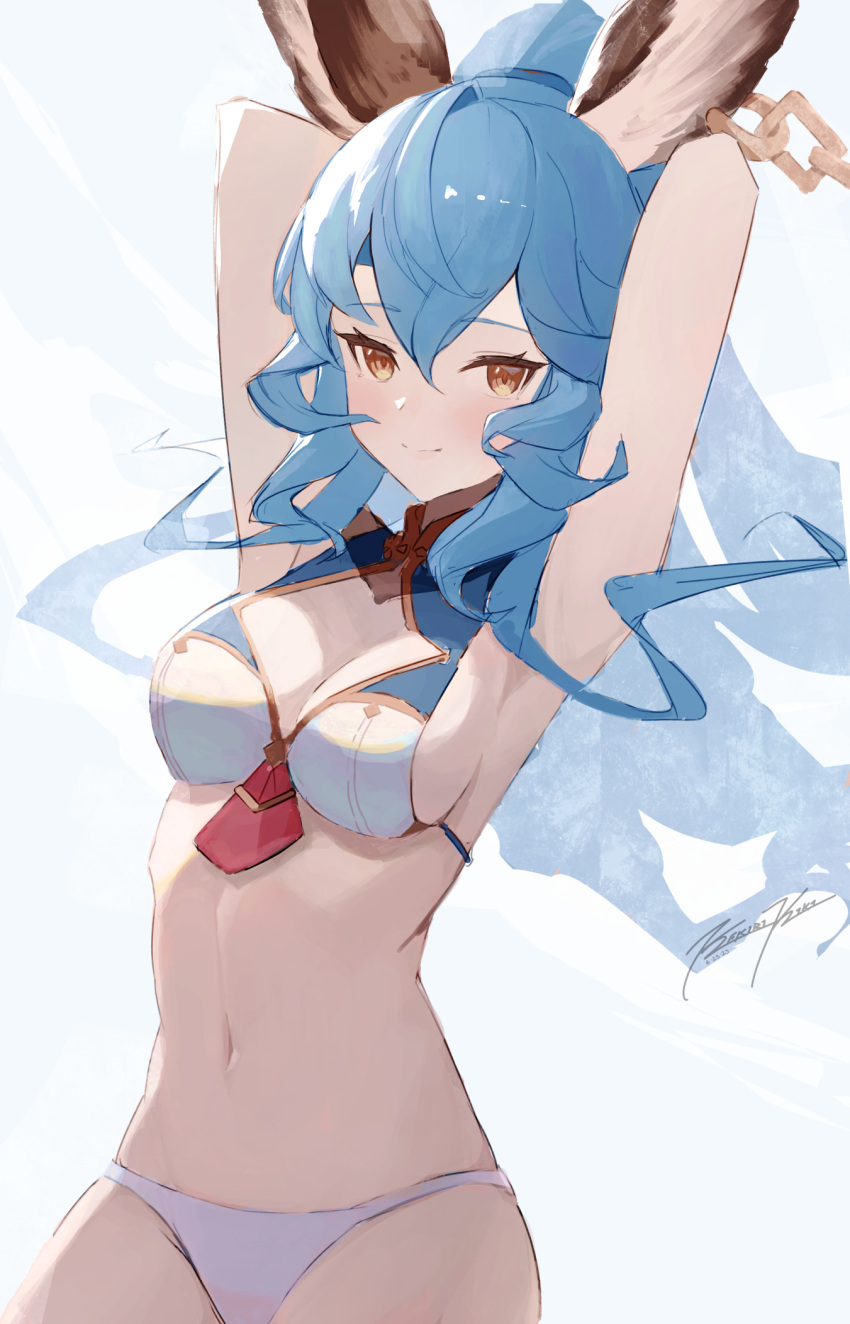 1girl animal_ears armpits arms_behind_head arms_up bare_arms bare_shoulders bikini blue_hair breasts cleavage cleavage_cutout closed_mouth clothing_cutout cowboy_shot ferry_(granblue_fantasy) ferry_(summer)_(granblue_fantasy) granblue_fantasy high_ponytail highres long_hair looking_at_viewer medium_breasts navel ponytail punished_pigeon smile solo stomach string_bikini swimsuit white_bikini yellow_eyes