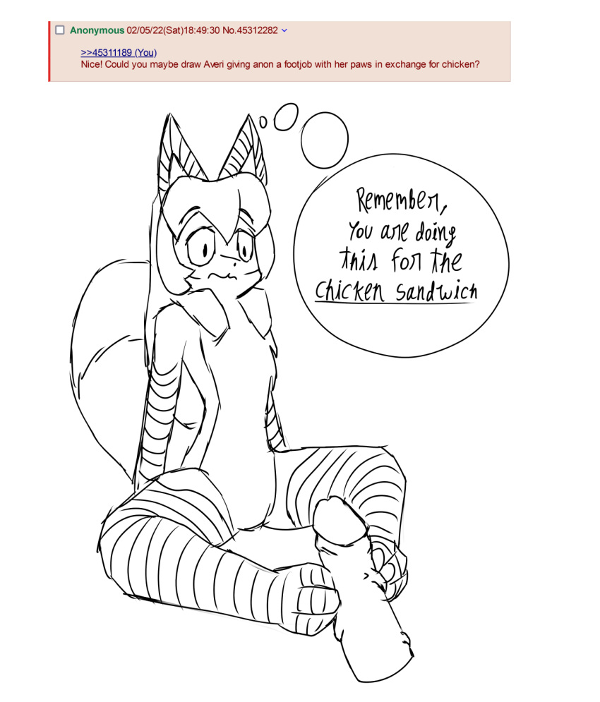 4chan anthro averi_(fiddleafox) canid canine dipstick_tail duo english_text female female_anthro foot_fetish foot_play footjob fox fur genitals gloves_(marking) hair hi_res human male male/female mammal markings penis sex tail tail_markings text thought_bubble unknown_artist