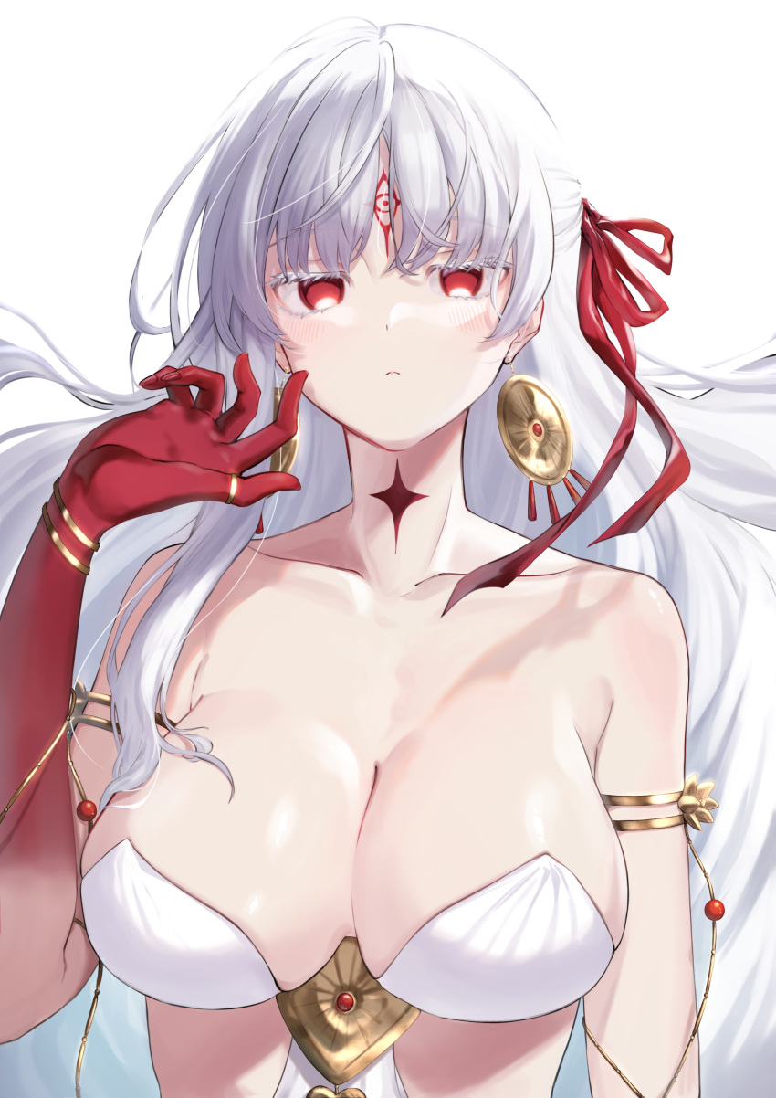 1girl absurdres armlet bare_shoulders body_markings bracelet breasts cleavage closed_mouth collarbone colored_skin durga_(fate) earrings facial_mark fate/grand_order fate_(series) forehead_mark gradient_skin grey_hair hair_ribbon highres hijiri_(sacra_0419) jewelry large_breasts long_hair looking_at_viewer red_eyes red_skin revealing_clothes ribbon solo thumb_ring very_long_hair