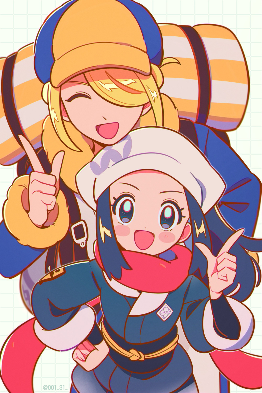 1boy 1girl :d absurdres akari_(pokemon) black_hair black_sash black_shirt blonde_hair blue_jumpsuit blush_stickers chueog closed_eyes grid_background hair_over_one_eye hand_on_own_hip hand_up hat head_scarf highres index_finger_raised jacket jumpsuit logo long_sleeves open_mouth pink_scarf pokemon pokemon_(game) pokemon_legends:_arceus sash scarf shirt sidelocks skirt smile volo_(pokemon) white_headwear