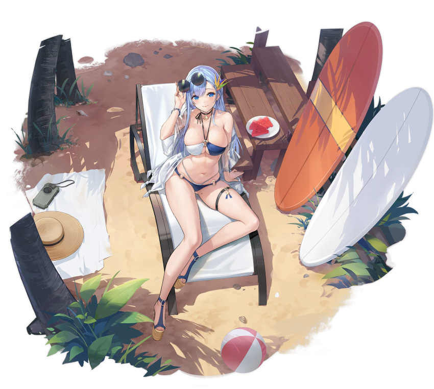 1girl ass_visible_through_thighs azur_lane bare_shoulders beach_chair bikini blue_bikini blue_eyes blue_hair blush bracelet breasts choker cleavage closed_mouth collarbone eyewear_on_head flower food fruit hair_flower hair_ornament hand_on_eyewear hat highres jewelry large_breasts long_hair looking_at_viewer mole mole_on_thigh multi-strapped_bikini multicolored_bikini multicolored_clothes navel non-web_source official_alternate_costume official_art palm_leaf palm_tree plate see-through see-through_sleeves skindentation smile solo stomach sun_hat sunglasses surfboard swimsuit thigh_strap thighs ticonderoga_(azur_lane) ticonderoga_(sunshine_princess)_(azur_lane) tomohiro_kai tree two-tone_bikini watermelon watermelon_slice white_bikini