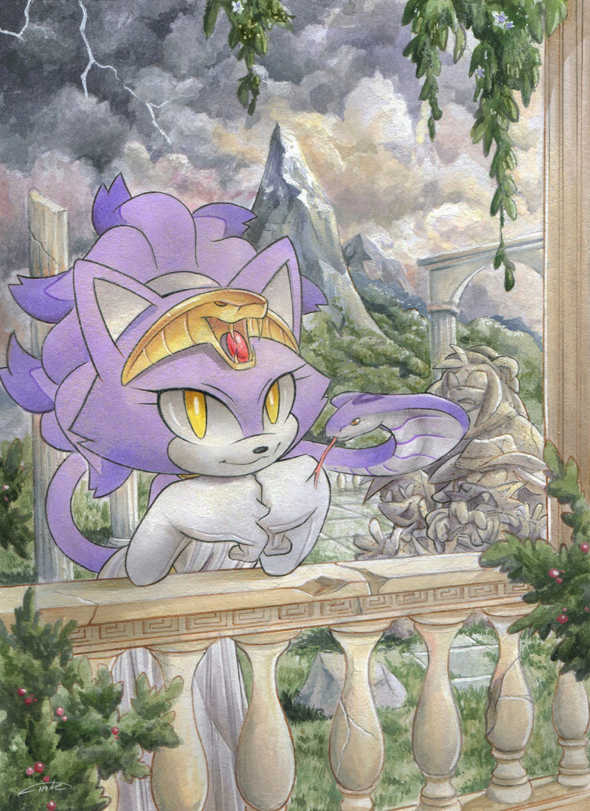 1girl blaze_the_cat dress finik forehead_jewel gem gloves grey_sky highres looking_at_viewer outdoors purple_fur red_gemstone sky snake solo sonic_(series) white_dress white_gloves yellow_eyes