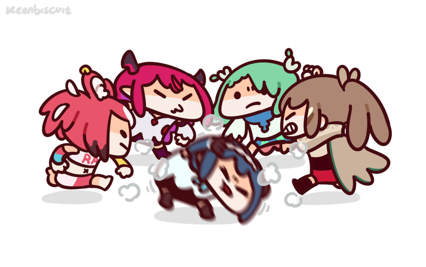 5girls animal_ears antlers beating black_hair blue_hair brown_cloak brown_corset ceres_fauna chibi cloak corset feather_hair_ornament feathers green_hair hair_ornament hakos_baelz highres holocouncil hololive hololive_english horns irys_(hololive) keenbiscuit long_hair mouse_ears mouse_girl multicolored_hair multiple_girls nanashi_mumei ouro_kronii pointy_ears purple_hair red_hair streaked_hair virtual_youtuber white_background white_hair