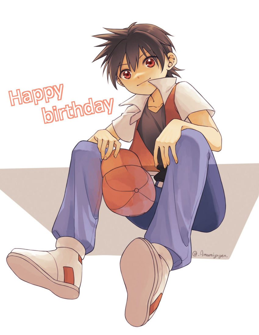 1boy ayan_ip brown_hair closed_mouth collarbone commentary_request full_body happy_birthday hat highres holding holding_clothes holding_hat invisible_chair jacket looking_down male_focus pants pokemon pokemon_adventures red_(pokemon) red_eyes shirt shoes short_hair short_sleeves sitting smile solo twitter_username watermark