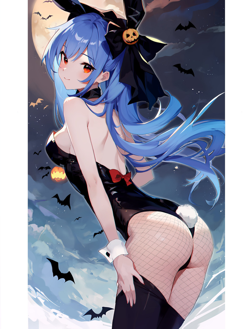 1girl absurdres ass bat_(animal) black_headwear black_leotard blue_hair breasts closed_mouth fishnet_pantyhose fishnets full_moon halloween_costume highres hinanawi_tenshi jack-o'-lantern large_breasts leaning_forward leotard long_hair looking_at_viewer moon outdoors pantyhose playboy_bunny rabbit_tail red_eyes smile solo tail tetsurou_(fe+) touhou