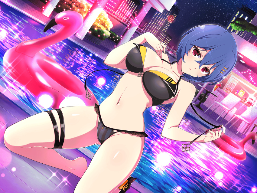 1girl amane_(senran_kagura) bikini black_bikini blue_hair blush breasts building bush chair city city_lights cityscape cleavage cup drinking_glass flower hair_ornament hairpin highres holding inflatable_flamingo innertube large_breasts looking_at_viewer microwave navel night official_art pink_innertube pool poolside poster_(object) purple_flower red_eyes refrigerator senran_kagura senran_kagura_new_link short_hair sky skyline skyscraper solo star_(sky) starry_sky swimsuit table thigh_strap tropical_drink yaegashi_nan