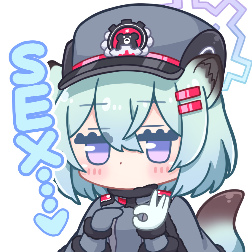 absurdres animal_ears blue_archive blue_hair blush_stickers capelet chibi commentary_request empty_eyes english_text fur-trimmed_capelet fur_trim gloves grey_capelet grey_gloves grey_headwear hair_ornament hairclip hat highres jitome light_blue_hair neguse1233 no_mouth penetration_gesture shigure_(blue_archive) short_hair simple_background tail upper_body weasel_ears weasel_girl weasel_tail white_background