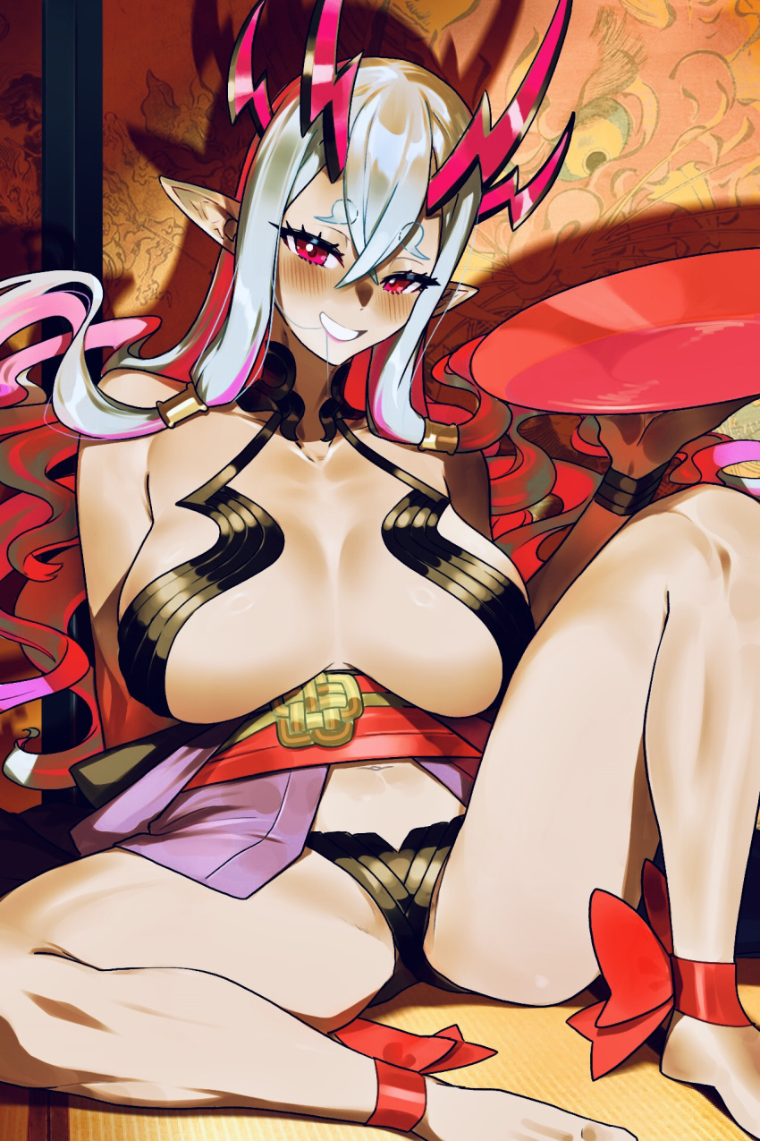 1girl ankle_ribbon breasts breasts_apart cosplay cup eyelashes fate/grand_order fate_(series) highres horns ibuki_douji_(fate) japanese_clothes kimono large_breasts leg_ribbon monkey_jon multiple_horns oni oni_horns open_clothes open_kimono pink_horns pointy_ears purple_kimono revealing_clothes ribbon sakazuki shuten_douji_(fate) shuten_douji_(fate)_(cosplay) smile solo thighs