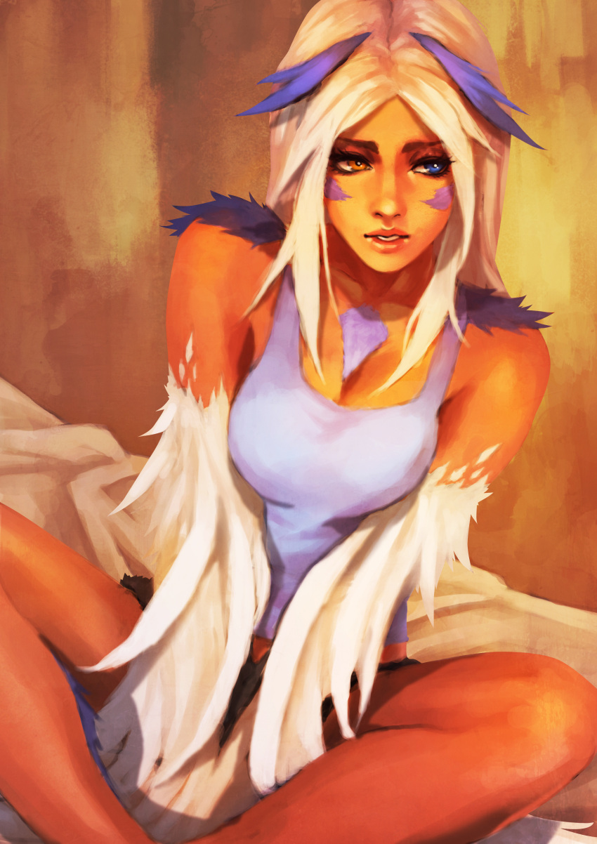 1girl absurdres blue_eyes blue_hair blue_tank_top breasts cleavage eliana_(mgl139) facial_mark feathers gradient_wings harpy heterochromia highres large_breasts long_hair monori_rogue monster_girl multicolored_hair multicolored_wings original parted_lips second-party_source shorts sitting solo tank_top white_feathers white_hair winged_arms wings yellow_eyes