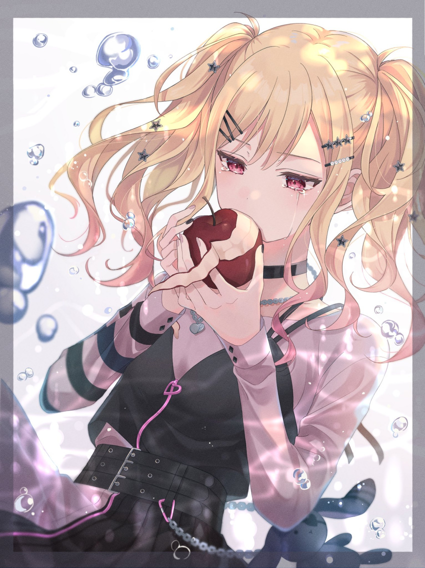 1girl air_bubble apple black_choker blonde_hair bubble chain choker commentary covered_mouth crying dot_nose food fruit gradient_hair hair_ornament hairpin hands_up heart highres holding holding_food holding_fruit jewelry long_hair long_sleeves multicolored_hair multiple_hairpins nasubi_777777 necklace no_seek_no_find_(project_sekai) official_alternate_costume pink_eyes pink_hair project_sekai solo star_(symbol) star_hair_ornament streaming_tears tears tenma_saki twintails two-tone_hair zipper_pull_tab