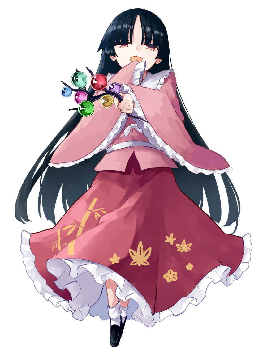 1girl black_footwear black_hair branch brown_eyes deetamu frilled_skirt frilled_sleeves frills highres houraisan_kaguya jeweled_branch_of_hourai long_hair long_sleeves open_mouth pink_shirt red_skirt shirt shoes simple_background skirt smile socks solo touhou white_background white_socks wide_sleeves