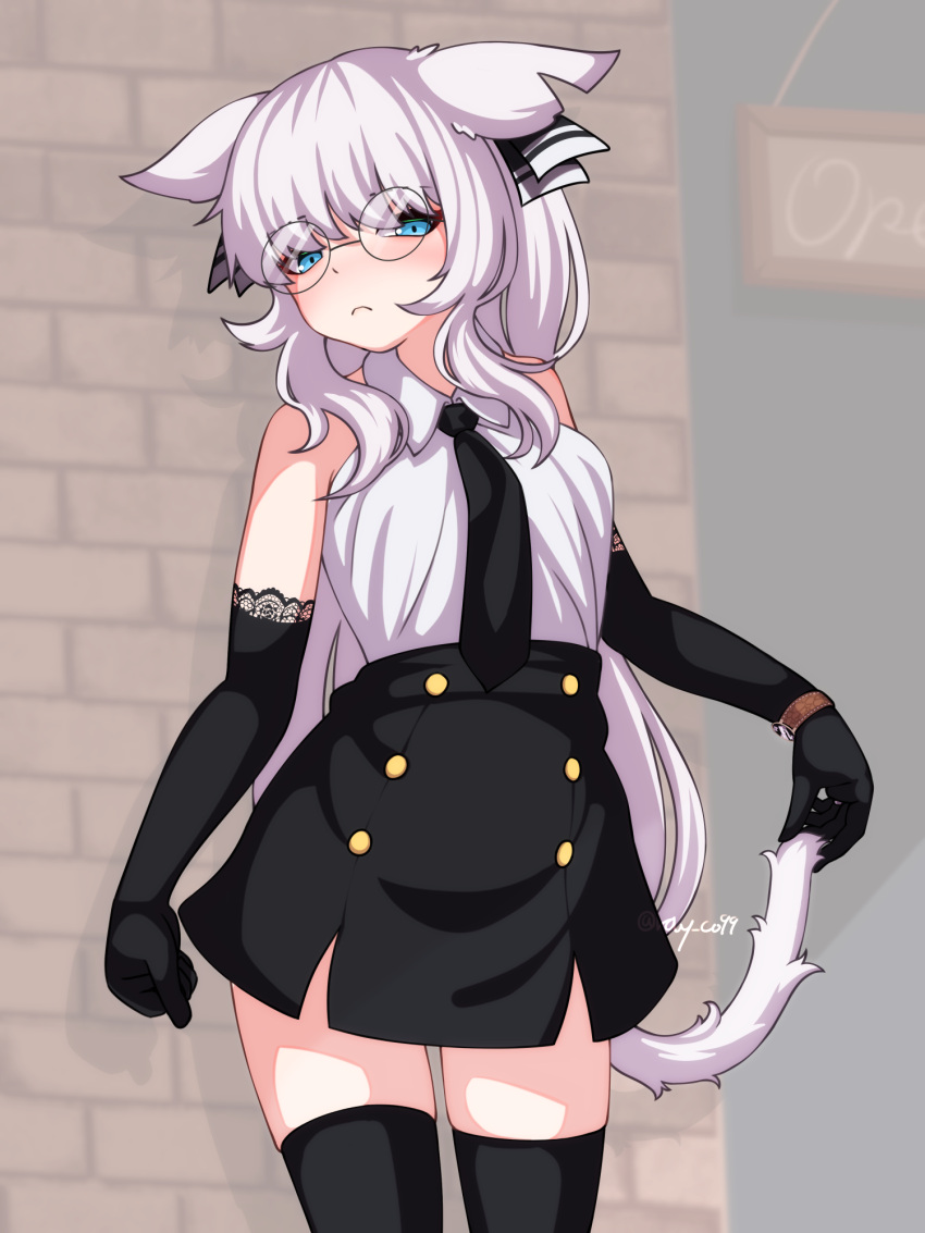 1girl animal_ears bare_shoulders black_gloves black_necktie black_skirt black_thighhighs blue_eyes bow brave_sword_x_blaze_soul closed_mouth collared_shirt cropped_legs dress_shirt elbow_gloves gloves hair_bow hair_over_shoulder high-waist_skirt highres holding_own_tail long_hair looking_at_viewer necktie outdoors ray_co99 round_eyewear shirt skirt sleeveless sleeveless_shirt solo striped striped_bow tail thighhighs watch white_hair white_shirt wing_collar wristwatch zettai_ryouiki