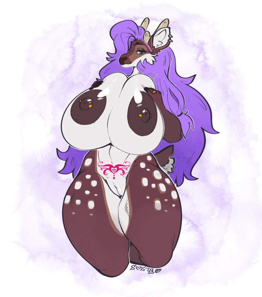 anthro antlers areola big_breasts breasts breasts_squish brown_body brown_fur deer dominique_(bionichound) ear_piercing ear_ring female fur genitals grind3r hair hair_over_eye hi_res horn huge_breasts long_hair looking_at_viewer mammal nipple_piercing nipples one_eye_obstructed piercing purple_hair pussy ring_(jewelry) ring_piercing solo spots spotted_body spotted_fur womb_tattoo