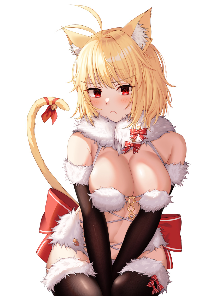 1girl absurdres animal_ear_fluff animal_ears antenna_hair arcueid_brunestud bare_shoulders bell between_legs bikini black_gloves black_thighhighs blonde_hair blush bow breasts breasts_squeezed_together cat_ears cat_tail commentary_request cosplay elbow_gloves embarrassed fate/grand_order fate_(series) fur-trimmed_gloves fur-trimmed_thighhighs fur_bikini fur_collar fur_scarf fur_trim gloves hand_between_legs highres invisible_chair large_bow large_breasts looking_at_viewer mash_kyrielight mash_kyrielight_(dangerous_beast) mash_kyrielight_(dangerous_beast)_(cosplay) navel purple_bikini red_eyes revealing_clothes ribbon short_hair sitting small_breasts solo sorugi_park swimsuit tail tail_bell tail_ornament tail_ribbon thighhighs tsukihime v_arms waist_bow white_bikini