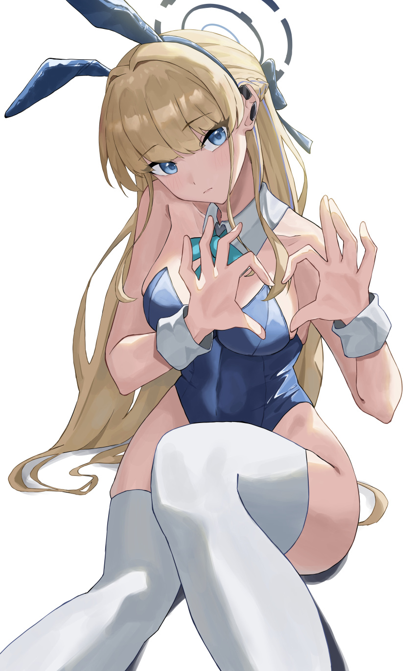 1girl absurdres animal_ears aqua_bow aqua_bowtie bare_shoulders blonde_hair blue_archive blue_eyes blue_leotard blush bow bowtie braid breasts detached_collar fake_animal_ears feet_out_of_frame hair_bow hair_intakes halo heart heart_hands higashiwun_izumi highres knee_up leotard long_hair looking_at_viewer medium_breasts official_alternate_costume playboy_bunny rabbit_ears simple_background sitting solo strapless strapless_leotard thighhighs toki_(blue_archive) toki_(bunny)_(blue_archive) very_long_hair white_background white_thighhighs wrist_cuffs