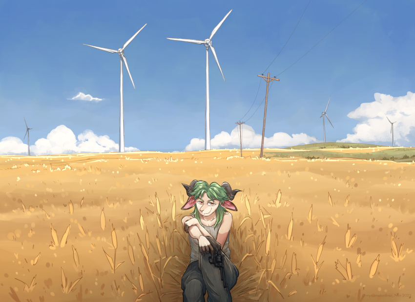 ambiguous_gender anthro bovid caprine cloud farm field goat gun handgun hi_res looking_at_viewer mammal mynameiscomic nonbinary_(lore) ranged_weapon revolver sky smile smirk solo weapon wheat wind_turbine wire