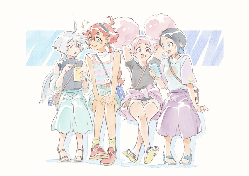 4girls absurdres ahoge arms_behind_head bag black_hair blue_eyes bottle cellphone chuatury_panlunch clothes_around_waist cool_(gundam_suisei_no_majo) green_eyes gundam gundam_suisei_no_majo hairband handbag highres holding holding_phone hots_(gundam_suisei_no_majo) keychain long_hair miorine_rembran multiple_girls nika_nanaura open_mouth phone pink_eyes pink_hair ponytail purple_eyes red_hair sandals shirt shoes shorts simple_background sitting skirt smartphone smile sparkle suletta_mercury t-shirt thick_eyebrows water_bottle white_hair white_shirt yaco_(085)