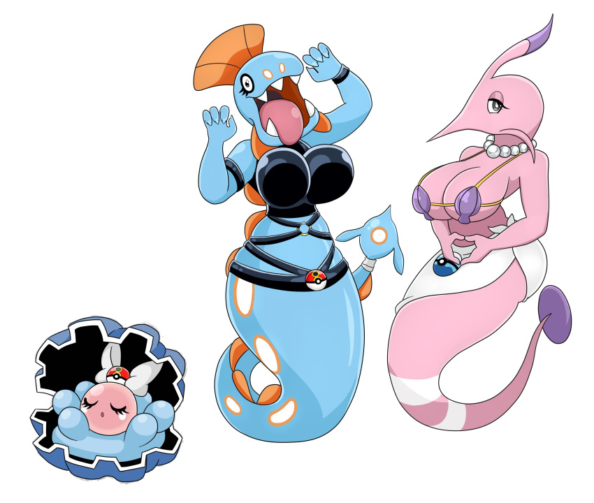 anthro armless big_breasts bikini bikini_top bivalve_shell black_eyes blue_body breasts clamperl clothing eyes_closed fangs female generation_3_pokemon gorebyss group hi_res huge_breasts huntail legless mollusk_shell nintendo pink_body pokeball pokemon pokemon_(species) ribbons shell simple_background swimwear teeth trio urusee584 white_background