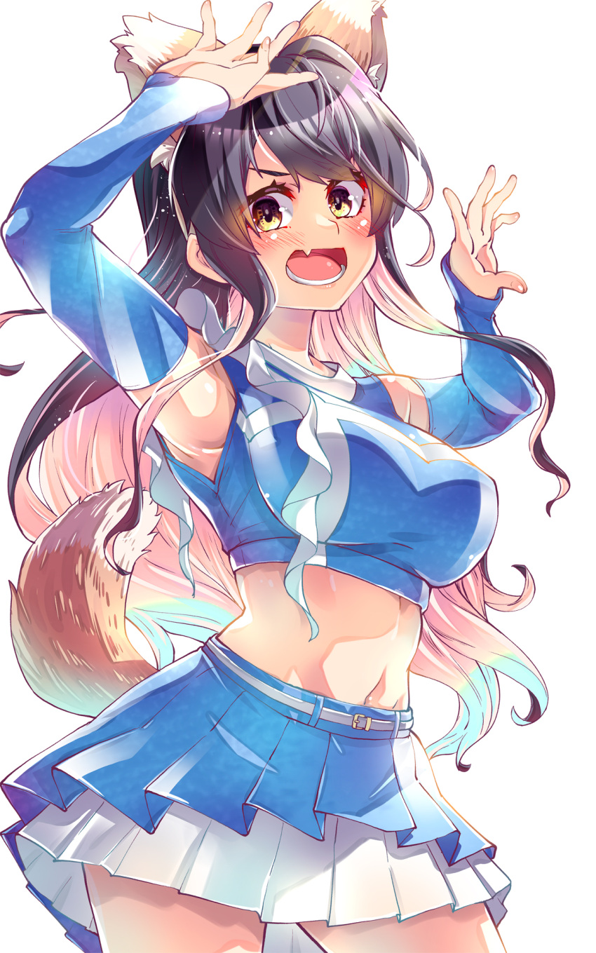 1girl alternate_costume animal_ears armpits arms_up belt black_hair blue_skirt blue_sleeves breasts cheerleader colored_inner_hair cowboy_shot crop_top detached_sleeves fake_animal_ears fake_tail fang fox_ears fox_tail hairband highres hokkaido_nippon-ham_fighters imu_sanjo kantai_collection kitsune_dance large_breasts layered_skirt long_hair looking_at_viewer midriff multicolored_hair naganami_(kancolle) naganami_kai_ni_(kancolle) navel nippon_professional_baseball open_mouth pink_hair pleated_skirt skin_fang skirt solo standing tail two-tone_hair very_long_hair wavy_hair white_belt white_hairband white_skirt yellow_eyes
