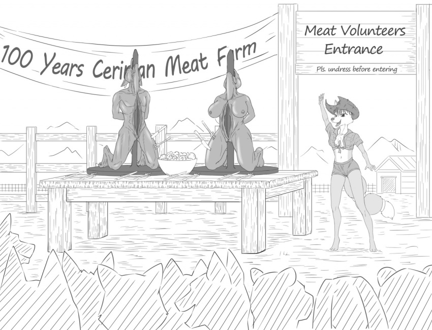 anthro barn bear bottomwear breasts canid canine cannibalism clothing cooking_with_furs corpse cowboy_hat crowd death dipingxiangtr.d feast female fence food fox fully_impaled furniture gesture giant_panda gore group hair hand_behind_back hard_vore hat headgear headwear horn hybrid impalement kitchen_utensils kneeling krystal lizard male mammal mountain nintendo nipples nude outside penetration plates razor_(thefoxofskyrim) reptile rib_cage roasted salad scalie shirt short_hair shorts sign spitted star_fox table tied_shirt tongue tongue_out tools topwear vaginal vaginal_penetration vore waving