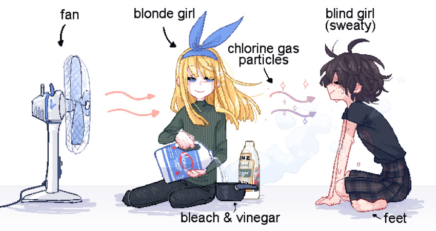 2girls absurdres barefoot black_hair black_pants black_shirt bleach_(chemical) blind_girl_(popopoka) blonde_girl_(popopoka) blonde_hair blue_eyes blue_hairband bottle closed_mouth from_side hairband half-closed_eyes highres holding holding_bottle long_hair looking_at_another meme multiple_girls original pale_skin pants plaid plaid_skirt pleated_skirt popopoka pouring shirt short_hair short_sleeves sitting skirt smile smug striped striped_sweater sweater white_background