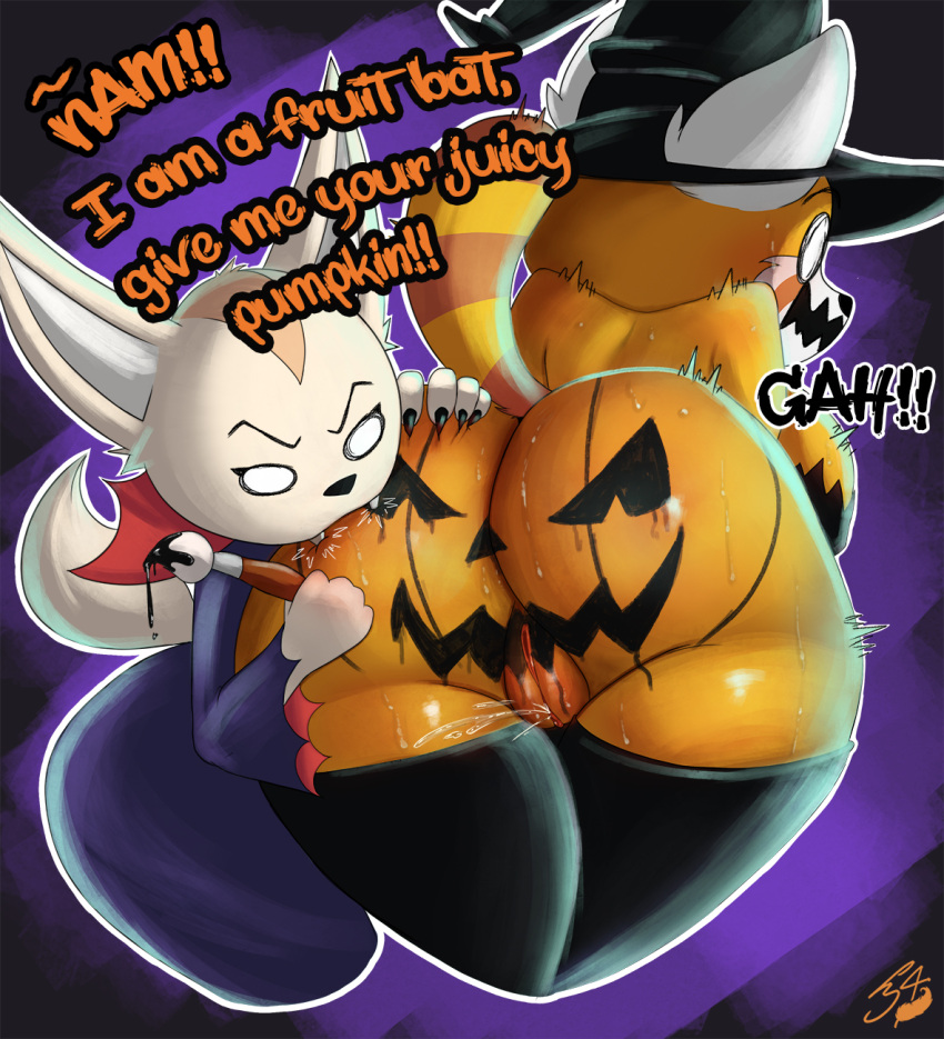 2023 aggretsuko ailurid anthro big_butt bite bodily_fluids brush butt canid canine clothing dialogue digital_media_(artwork) duo english_text fangs female fennec fenneko fingers fox g4rron genital_fluids genitals halloween hat headgear headwear hi_res holding_object holidays legwear mammal paintbrush pussy pussy_juice rear_view red_panda retsuko sanrio teeth text