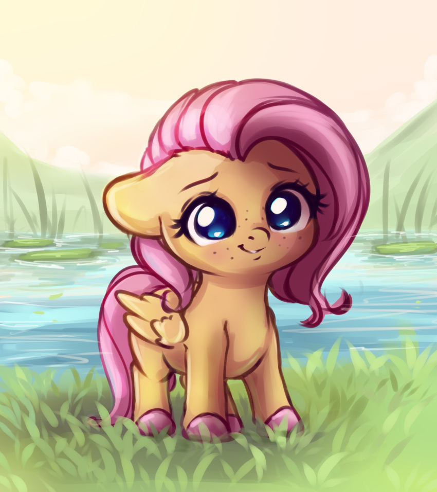 blue_eyes blush chibi equid equine eyebrows eyelashes feathers female feral fluttershy_(mlp) folded_wings freckles friendship_is_magic grass hair hasbro hi_res hooves lily_pad mammal miokomata my_little_pony pegasus pink_hair pink_hooves pink_tail plant smile solo tail water wings yellow_body yellow_feathers