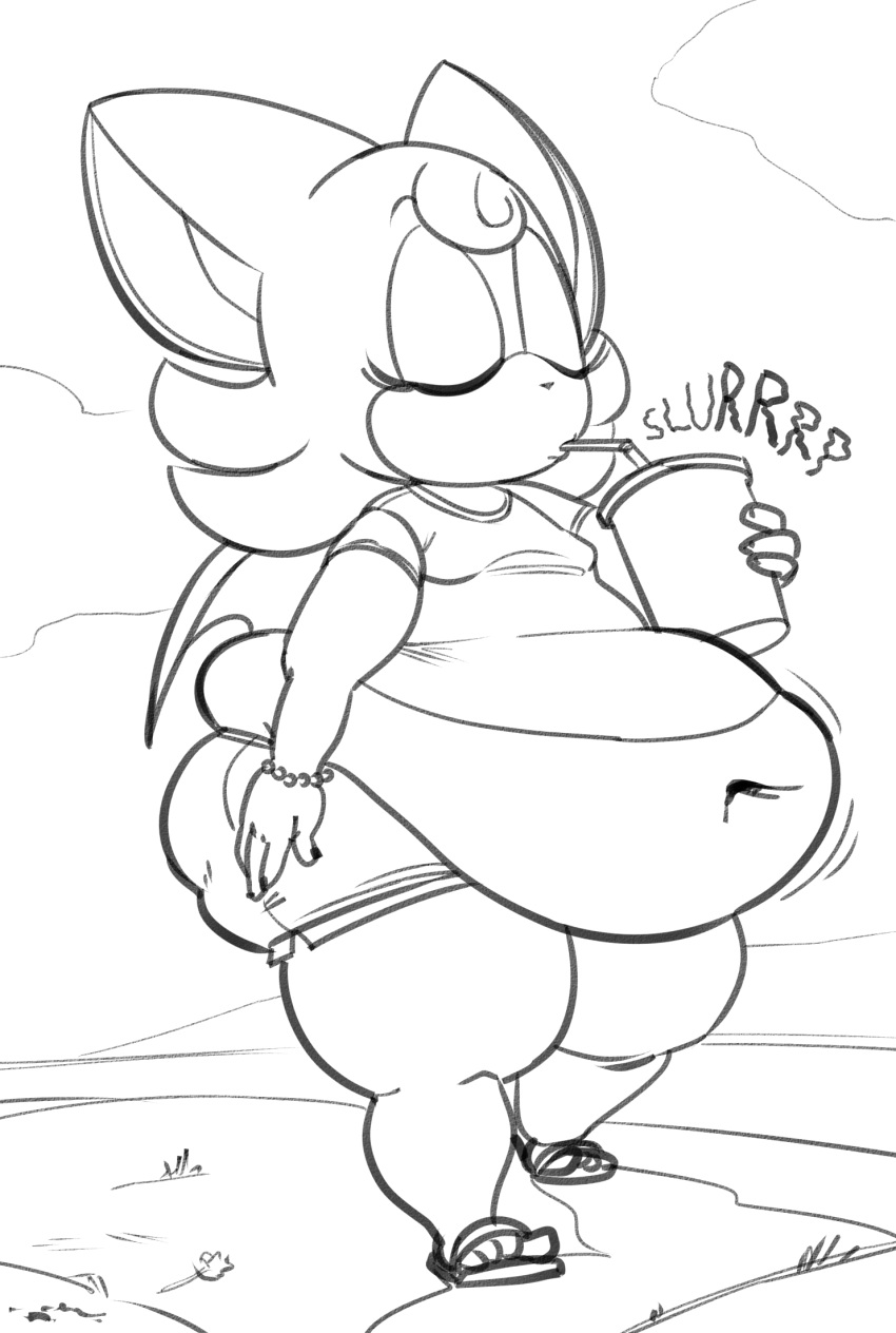 anthro bat beverage child clothing drinking female footwear hi_res huge_belly mammal overweight rouge_the_bat sandals sega solo sonic_the_hedgehog_(series) thick_thighs ultrahand young