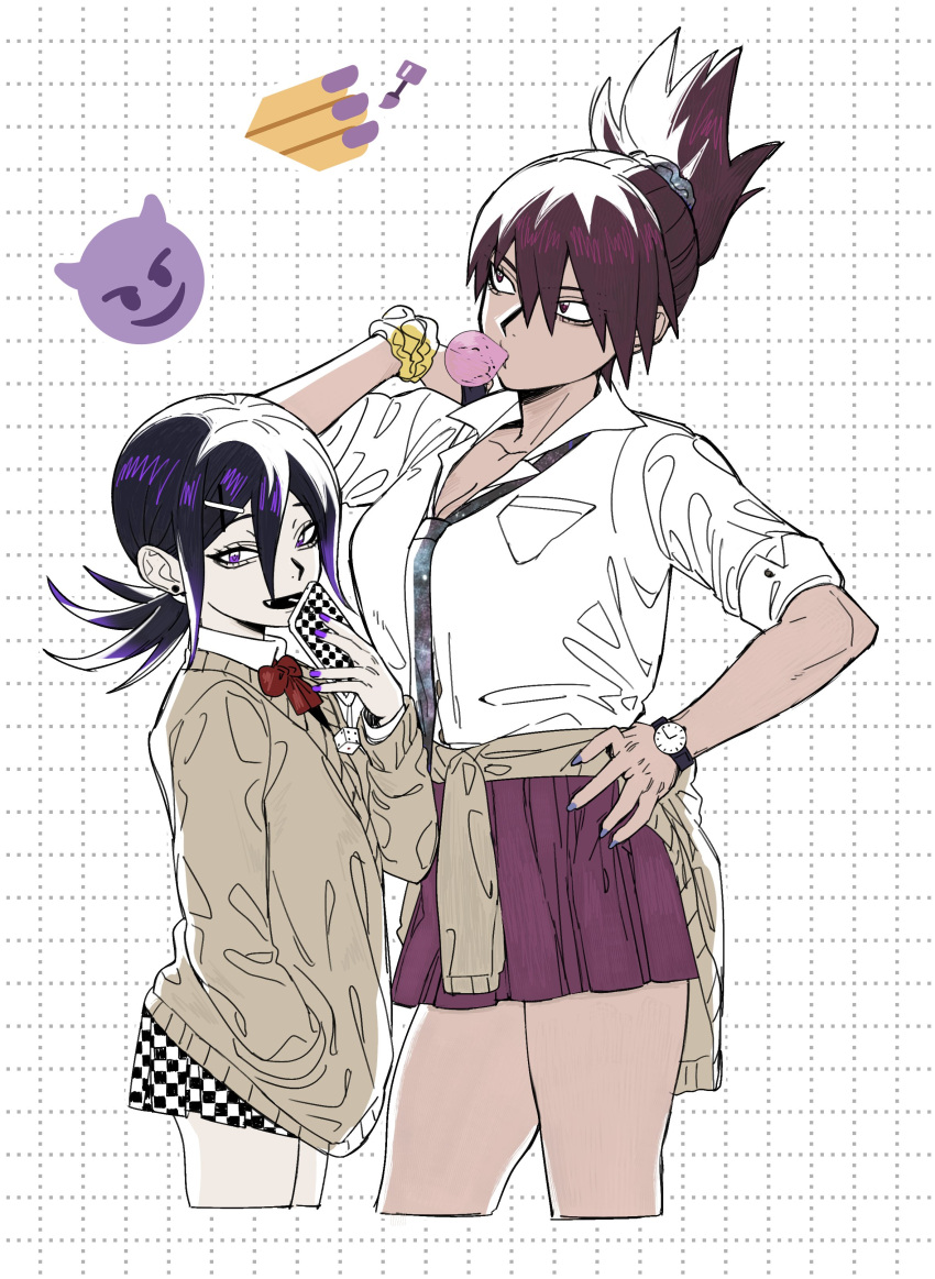 2girls absurdres black_hair blue_hair bow bowtie breast_pocket breasts brown_hair bubble_blowing checkered_clothes checkered_skirt chewing_gum collared_shirt danganronpa_(series) danganronpa_v3:_killing_harmony earrings from_side genderswap genderswap_(mtf) hair_between_eyes hair_ornament hair_scrunchie hair_up hairclip highres holding holding_phone jewelry large_breasts miniskirt miri_(bossu_osu) momota_kaito multiple_girls nail_polish oma_kokichi phone pleated_skirt pocket ponytail purple_skirt red_bow red_bowtie scrunchie shirt short_sleeves skirt standing watch white_background white_shirt wristwatch