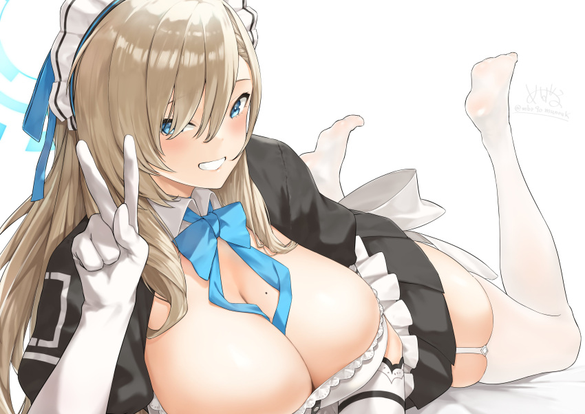 1girl absurdres apron artist_name asuna_(blue_archive) barefoot black_dress blonde_hair blue_archive blue_bow blue_bowtie blue_eyes blue_halo blue_ribbon bow bowtie breasts collared_dress dress elbow_gloves eyelashes feet feet_up frilled_apron frills garter_straps gloves hair_between_eyes hair_over_one_eye hair_ribbon halo hand_up highres huge_breasts legs long_hair lying maid maid_apron maid_headdress mbr90munouk mole mole_on_breast no_shoes on_stomach puffy_short_sleeves puffy_sleeves ribbon short_sleeves signature simple_background skindentation soles solo the_pose thighhighs thighs toes twitter_username two-tone_dress v white_background white_gloves white_thighhighs