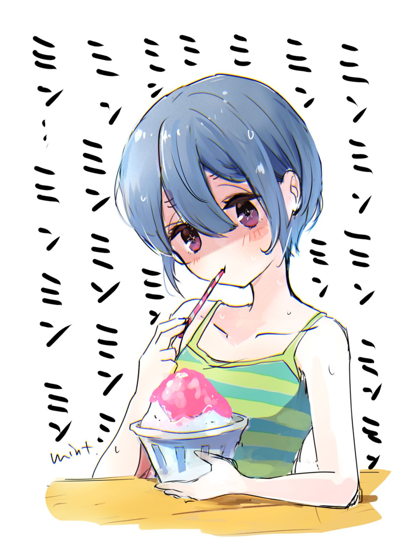 1girl camisole eating food highres mint_(mintlemonade3) purple_eyes shaded_face shaved_ice shima_rin short_hair simple_background solo star_(symbol) star_in_eye striped_camisole sweat symbol_in_eye translated yurucamp