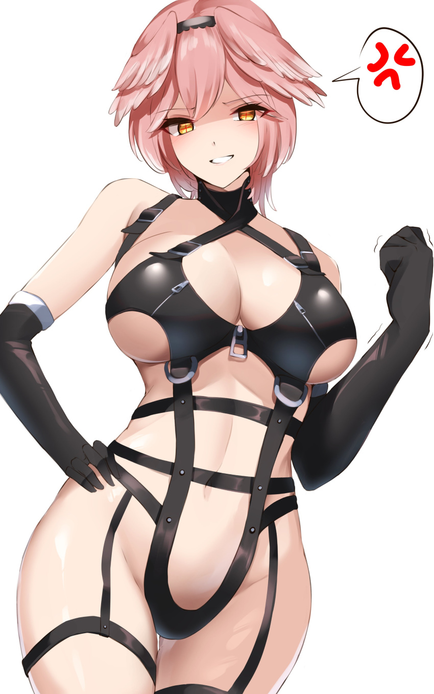 absurdres anger_vein black_gloves breasts brown_eyes cowboy_shot elbow_gloves garter_straps gloves grin hair_wings haneramu highres hololive large_breasts leather_bikini leather_choker navel pink_hair smile speech_bubble takane_lui thigh_strap white_background