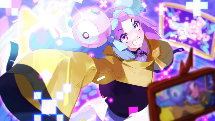 1girl absurdres arm_up bow-shaped_hair character_hair_ornament grey_shirt grin hair_ornament highres iono_(pokemon) jacket looking_up m1n0m1n multicolored_eyes multicolored_hair phone pokemon pokemon_(game) pokemon_sv rotom rotom_phone shirt sleeves_past_fingers sleeves_past_wrists smile two-tone_hair yellow_jacket