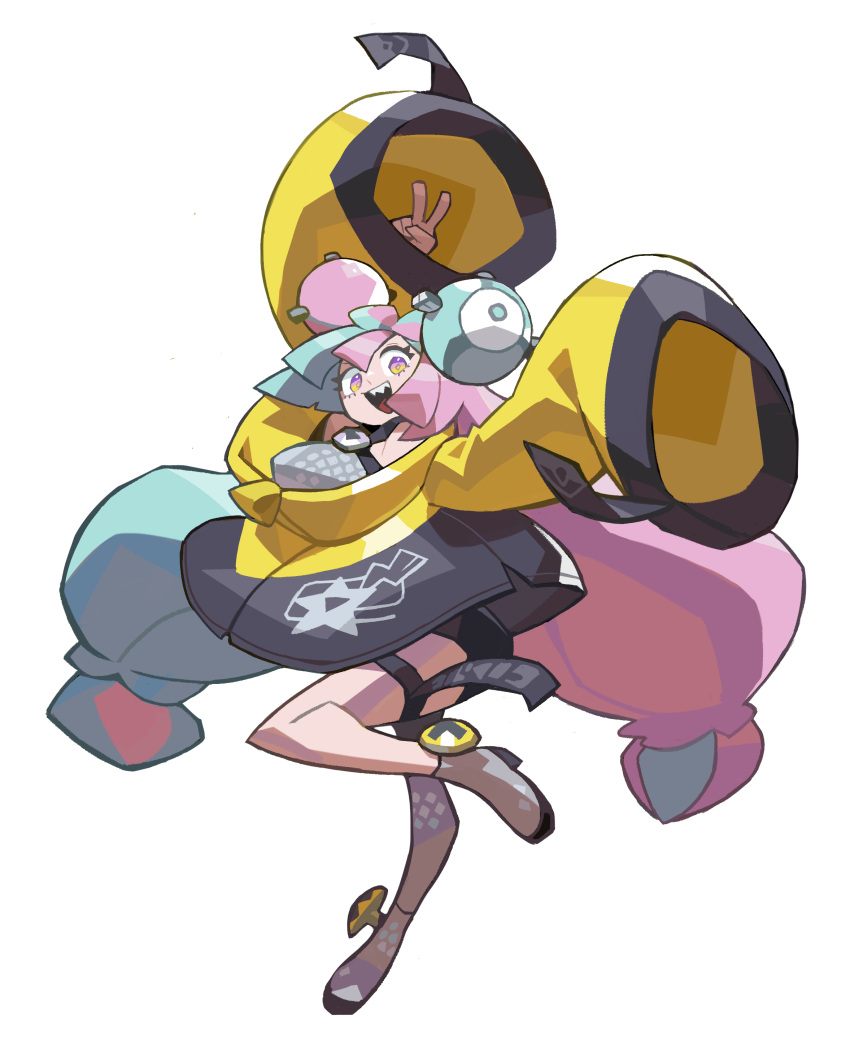 1girl absurdres bike_shorts blue_hair bow-shaped_hair character_hair_ornament hair_ornament highres iono_(pokemon) looking_at_viewer magnemite multicolored_hair niking open_mouth pink_hair pokemon sharp_teeth simple_background solo split-color_hair teeth thigh_strap twintails two-tone_hair v white_background