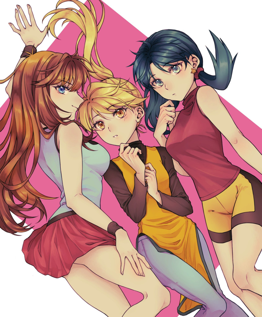 3girls ayan_ip bike_shorts black_hair blonde_hair blue_eyes blush brown_hair closed_mouth earrings eyelashes green_(pokemon) hand_up highres jewelry knees kris_(pokemon) long_hair long_sleeves multiple_girls pants parted_lips pink_background pokemon pokemon_adventures ponytail red_shirt red_skirt shirt skirt sleeveless sleeveless_shirt smile twintails yellow_(pokemon)